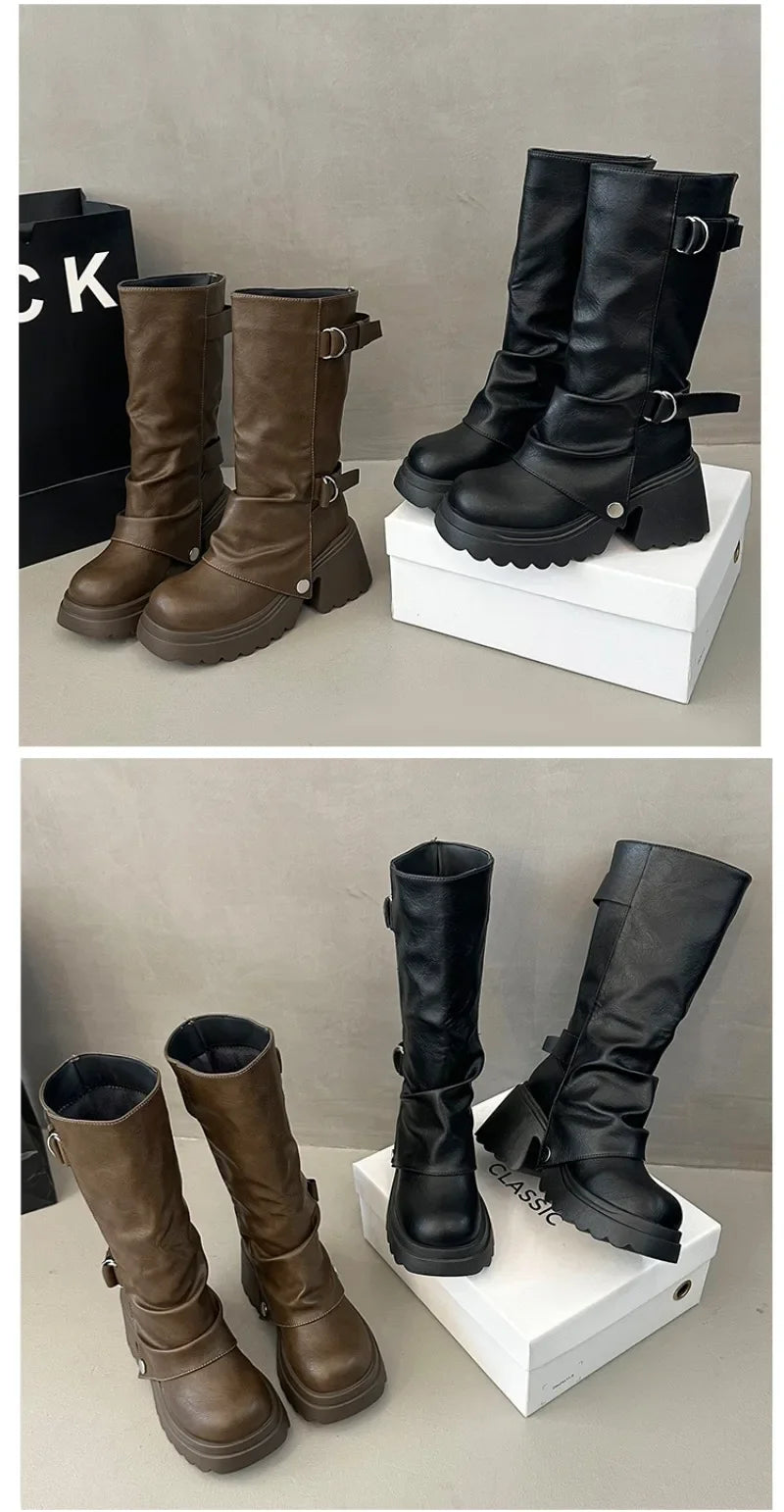 Shang Shi Black Thick High-heeled Thick Soled Boots for Women, 2026 New Winter Versatile Women's Zipper Slimming Pants Leg Boots