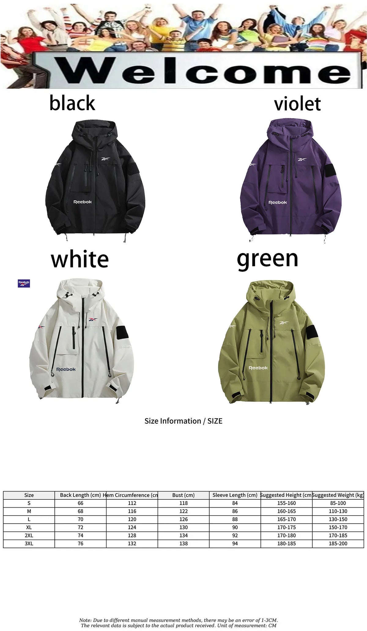 Reebok Men's Hooded Jacket, Multi-Zip Waterproof Sliding Windproof Coat, Comfortable and Loose Hiking Jacket for Camping
