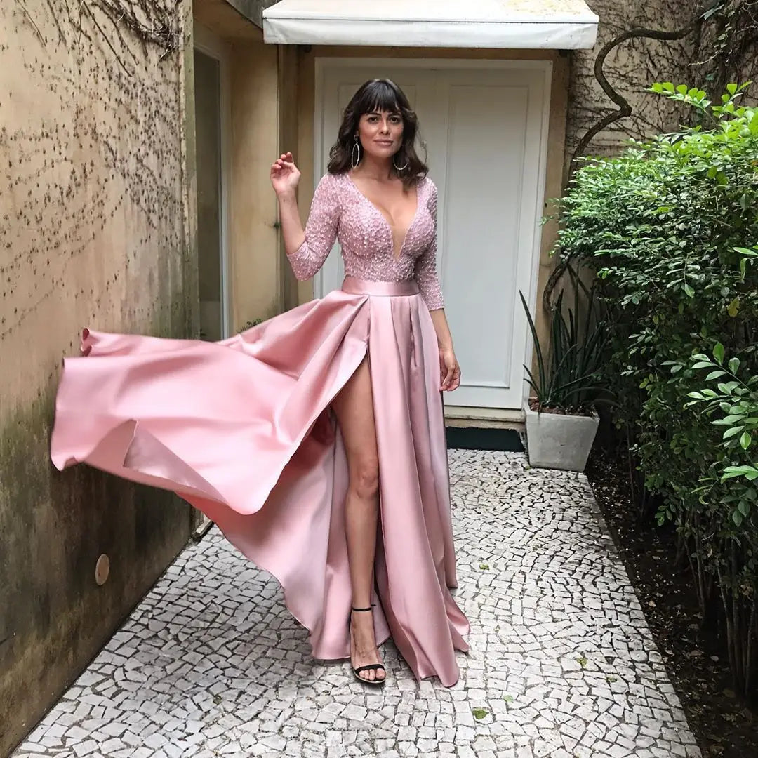 New 2026 Women's Sequins Beads Prom Dress Big Swing Sexy V-neck Trailing Banquet Wedding Evening Dress Ladies Vestidos De Fiesta