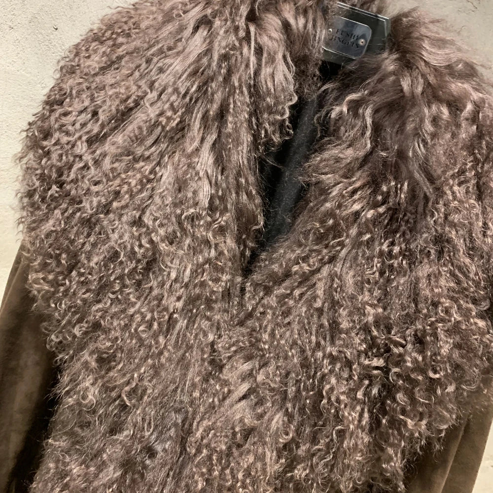 Suede Coat Fur Collar Women Autumn Genuine Sheepskin Coat Long with Mongfolian Fur Trim