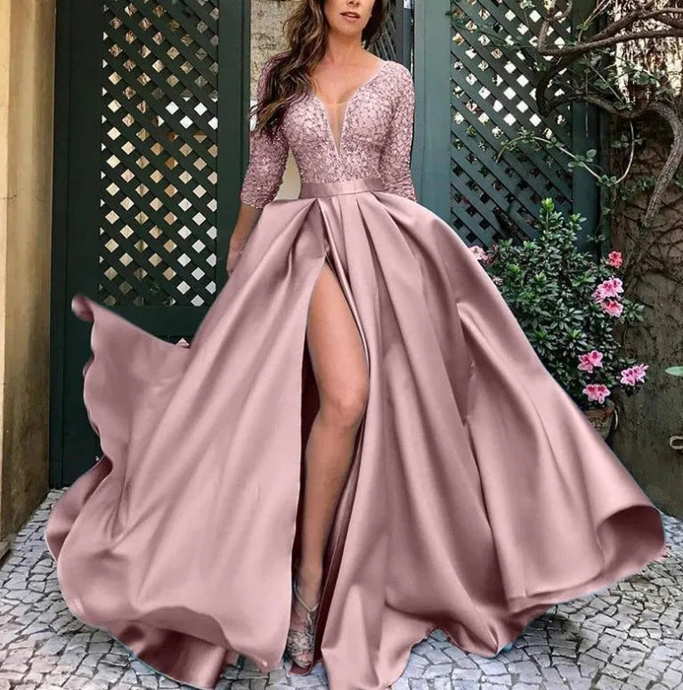 New 2026 Women's Sequins Beads Prom Dress Big Swing Sexy V-neck Trailing Banquet Wedding Evening Dress Ladies Vestidos De Fiesta
