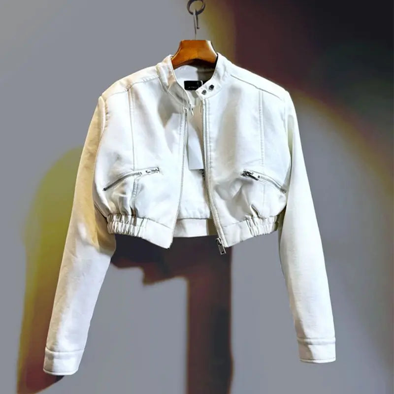 2025 Autumn New Handsome Versatile Short Motorcycle Jacket Top High Waist PU Leather Jacket for Women  Faux Fur Coat