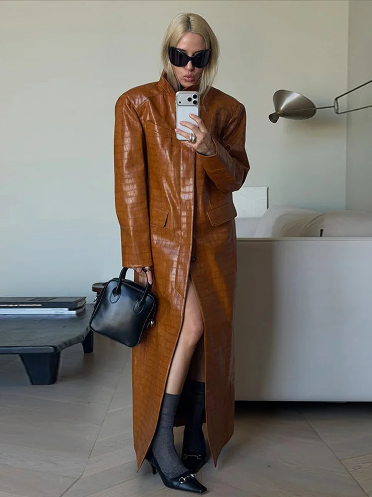 Fashion Croc Pattern PU Leather Women's Jacket Stand Collar Oversize Long Sleeve Chic Coat  2026 Autumn Winter New Daily Wear
