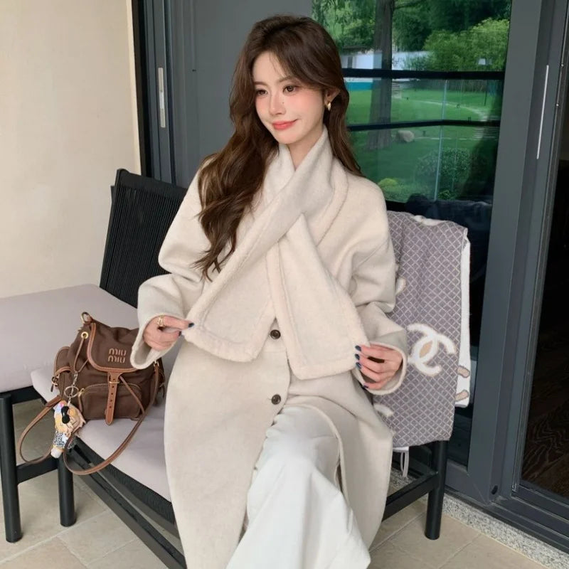 Autumn and winter hot fashion round neck scarves, medium to long styles, small women's double-sided wool coats with temperament,