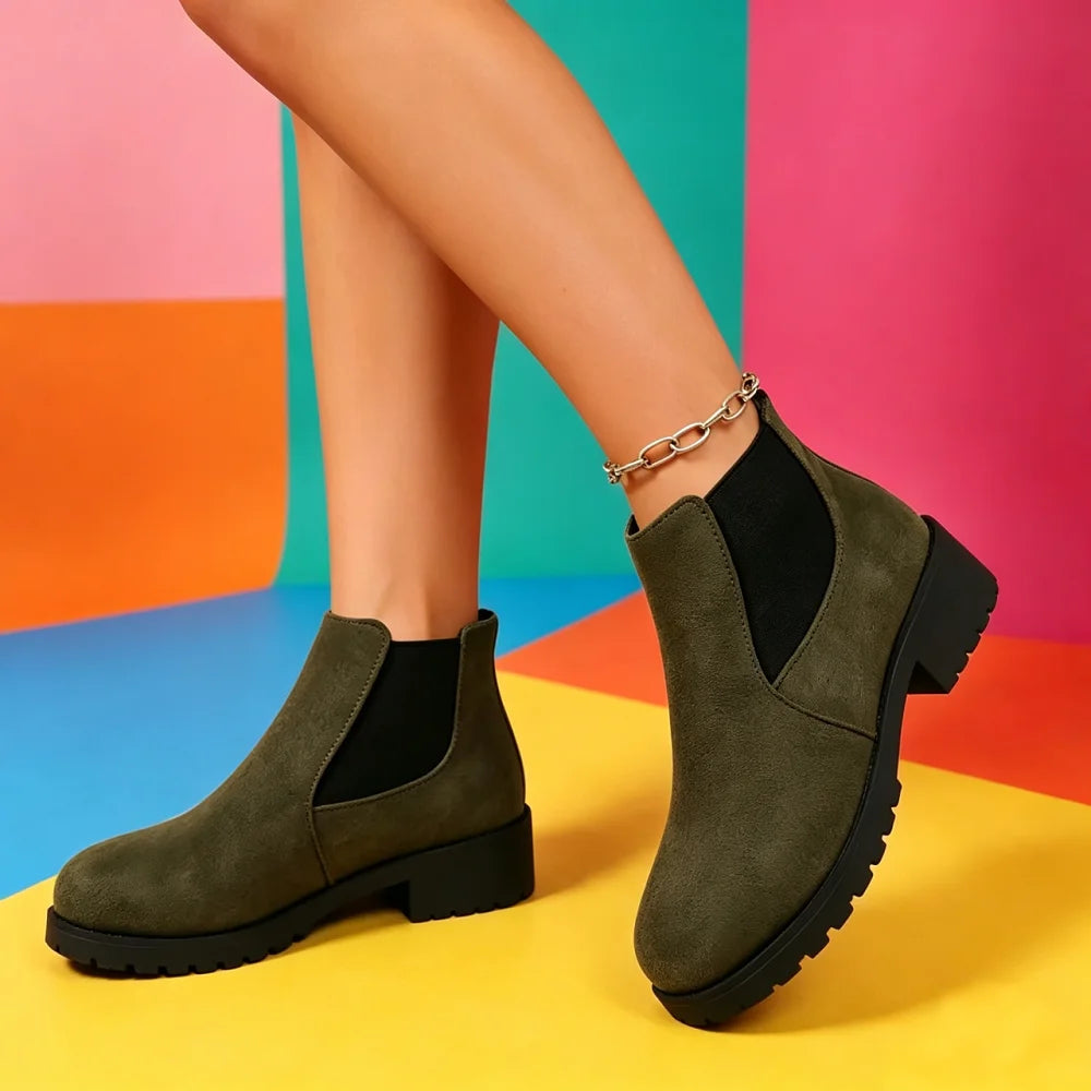 Women Suede Chelsea Boots Thick Sole Elastic Side Non Slip Casual Footwear All Season Daily Wear Comfortable Fit Chunky Design
