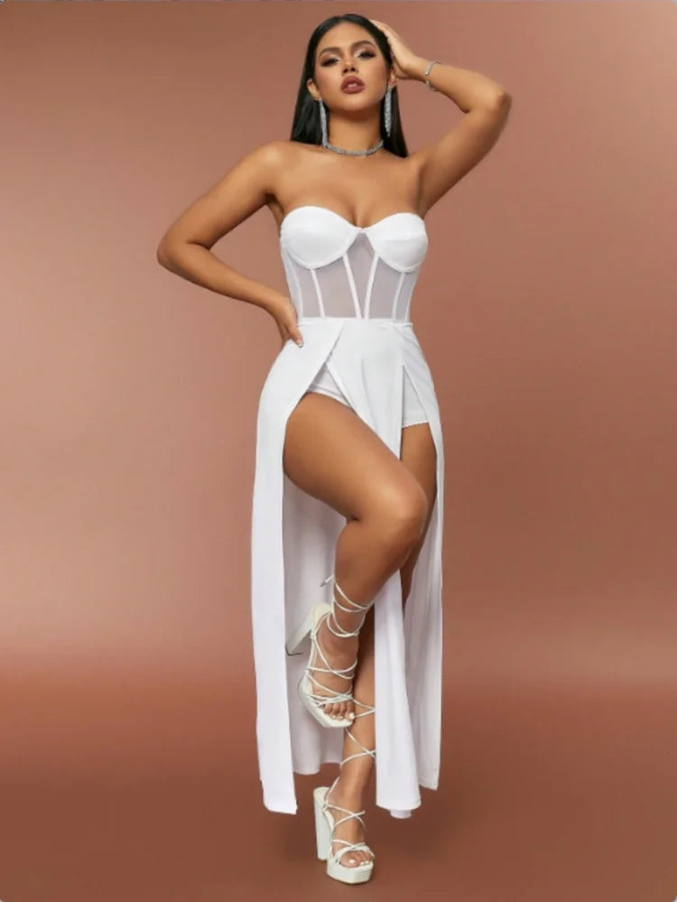 D&M Summer Luxury sexy Off Shoulder Irregular Swinging Collar Split evening gown vestidos Sleeveless Dresses Woman Clothing