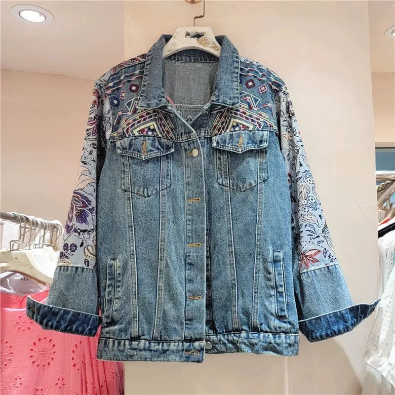 European and American style heavy industry embroidery splicing denim jacket 2025 new print loose casual denim women's jacket top