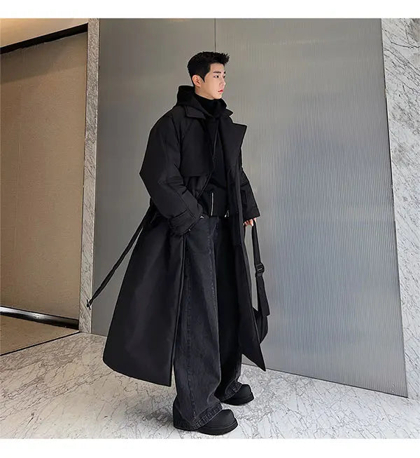 Winter Thickened Long Down Jacket Man's Belt Design Korean Warm Over The Knee Fashionable Long Sleeve Solid Color Cotton Coats
