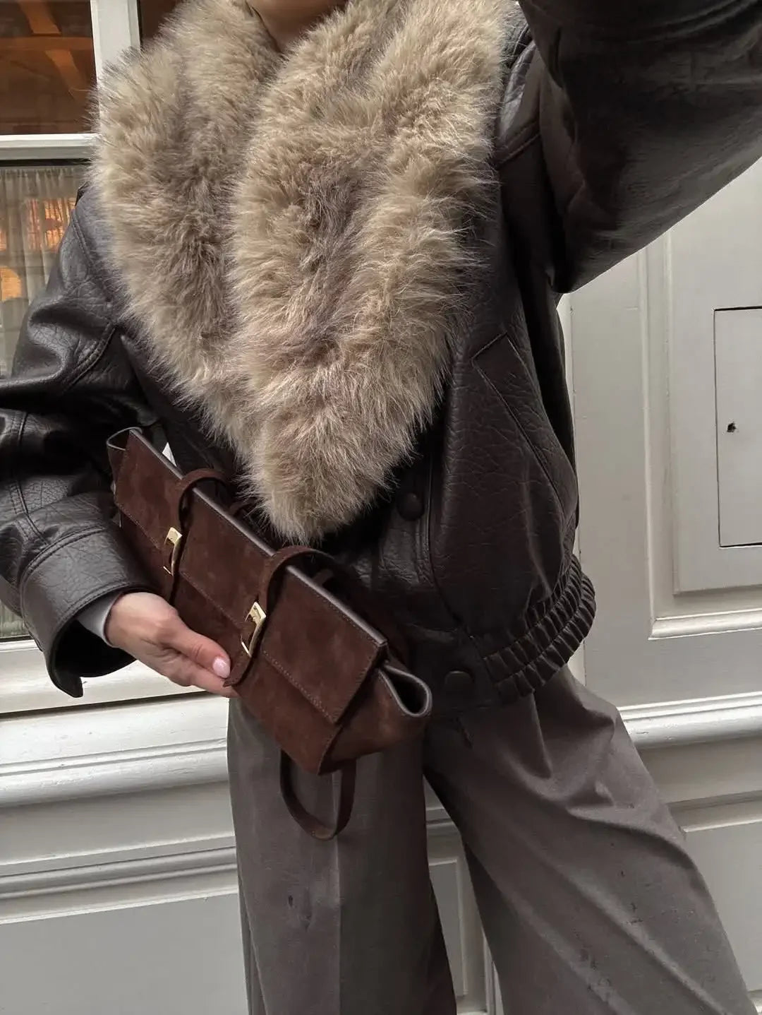 Women Fur Collar Faux Leather Jacket Pebbled Pu Cropped Coat Double Breasted Epaulet Loose 2026 Vintage  Autumn Trendy Outerwear