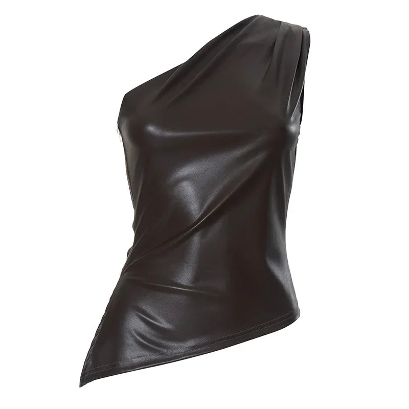 PixieKiki Fashion PU Leather Sleeveless T Shirts Side Zipper One Shoulder Asymmetrical Tops Women Clothing Fall 2024 C85-CA12