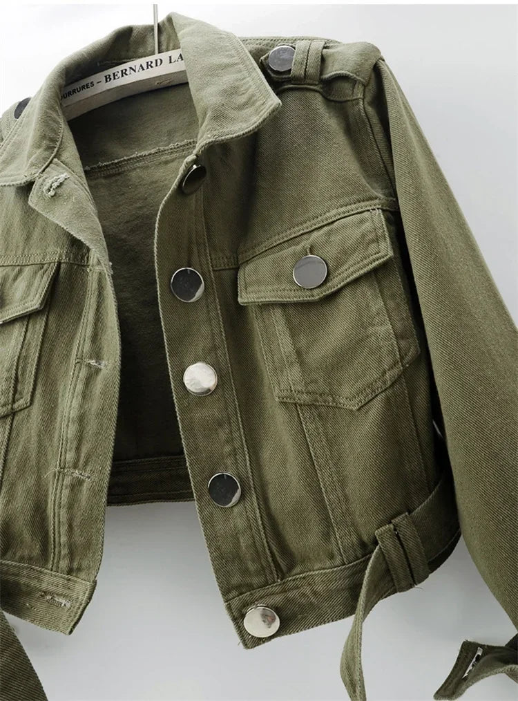 Spring Vintage Army Green Black Khaki Denim Jacket Women Hem Belt Big Pocket Cowboy Outerwear Loose Short Jeans Jackets Female