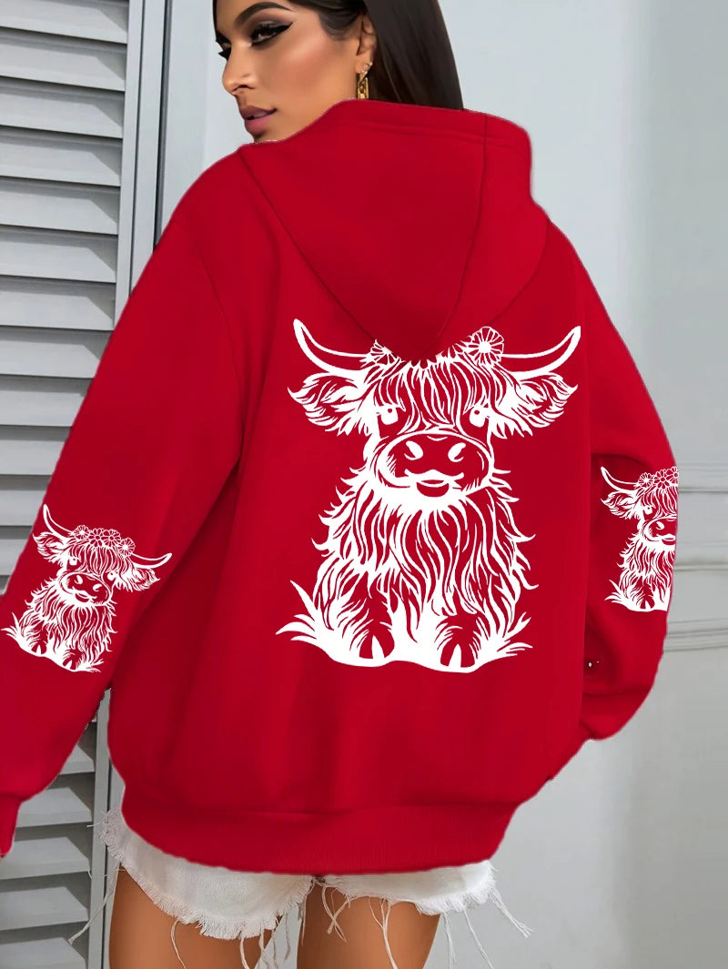 Cute Hair Cow Cartoon Printing Hoodies Womens Fleece Autumn Streetwear Comfortable Casual Hoodie Y2K Pocket All-Match Hoody