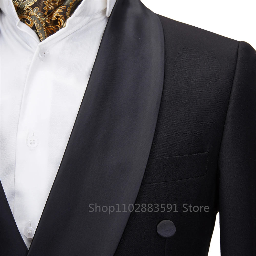 New 2024 Men Suit Black Satin Lapel Tuxedo 2 Pieces Double Breasted Wedding Shawl Lapel Party Costume Groom Male Wear