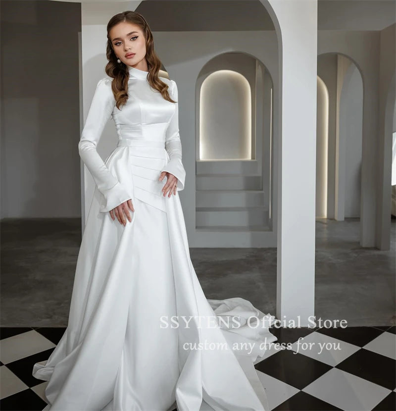 Formal Wedding Dresses High Neck Long Sleeves Mermaid Bride Bridal Gown Floor Length Muslim Customized White Civil Wedding Dress