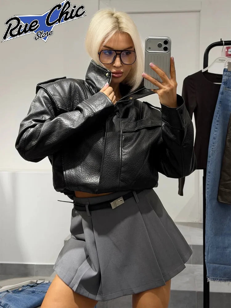 Black Faux Leather Stand Collar Zip Epaulet Cropped Jacket Long Sleeve Snap Button Pocket Coat 2026 Autumn Street Chic Coats New