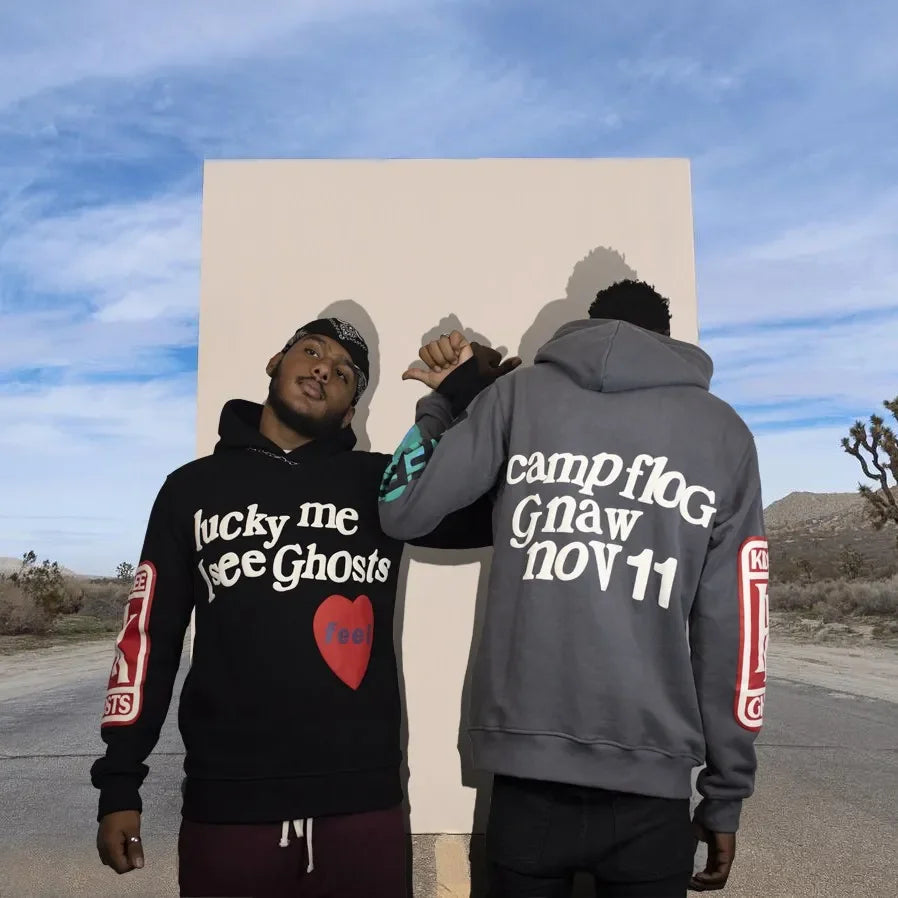 Harajuku Weirdo Graffiti Letter Printed Hoodies Men 2025 Lucky Me I See Ghosts Mens Hooded Sweatshirt Fleece Pullover Streetwear