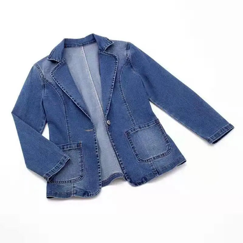 Spring Autumn New One Button Design Denim Jacket For Women Slimming Fit Suit Collar Solid Color Cardigan Blue Cowboy Outer Wear