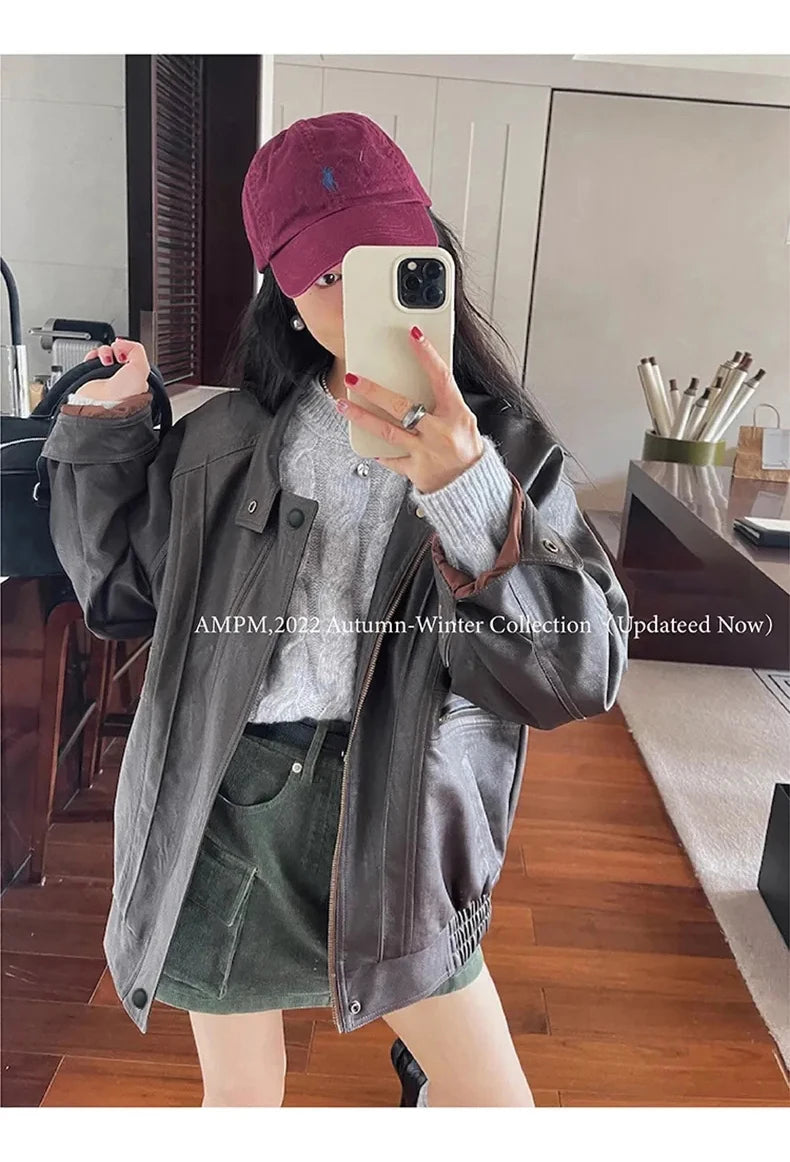Lautaro Autumn Cool Brown Oversized Leather Jacket Women Drop Shoulder Long Sleeve Zippper High Quality American Retro Clothing