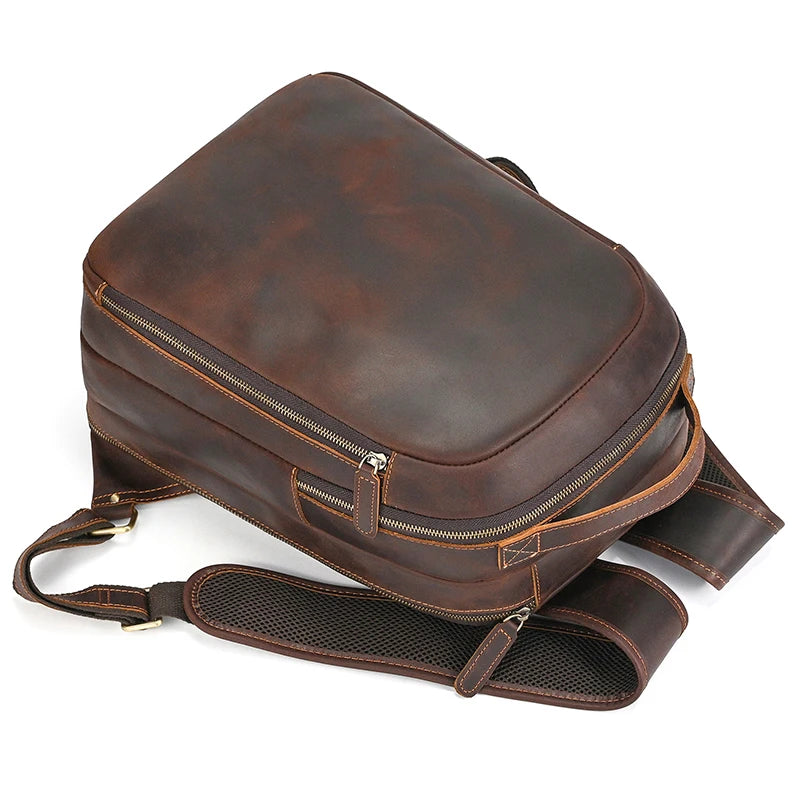 Luufan Men's Retro Crazy Horse Leather Backpack Brown Genuine Leather Rucksack Brown 14 Inch Laptop School Bag