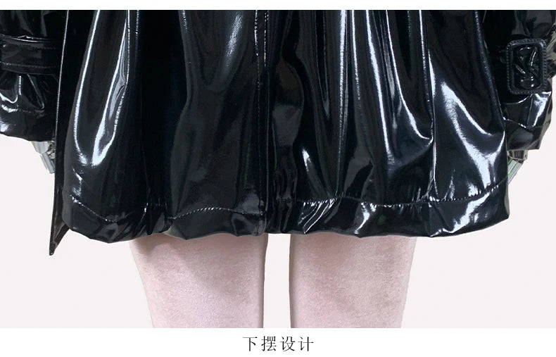 Nerazzurri Spring Autumn Oversized Thin Shiny Reflective Patent Leather Trench Coat for Women Double Breasted European Fashion