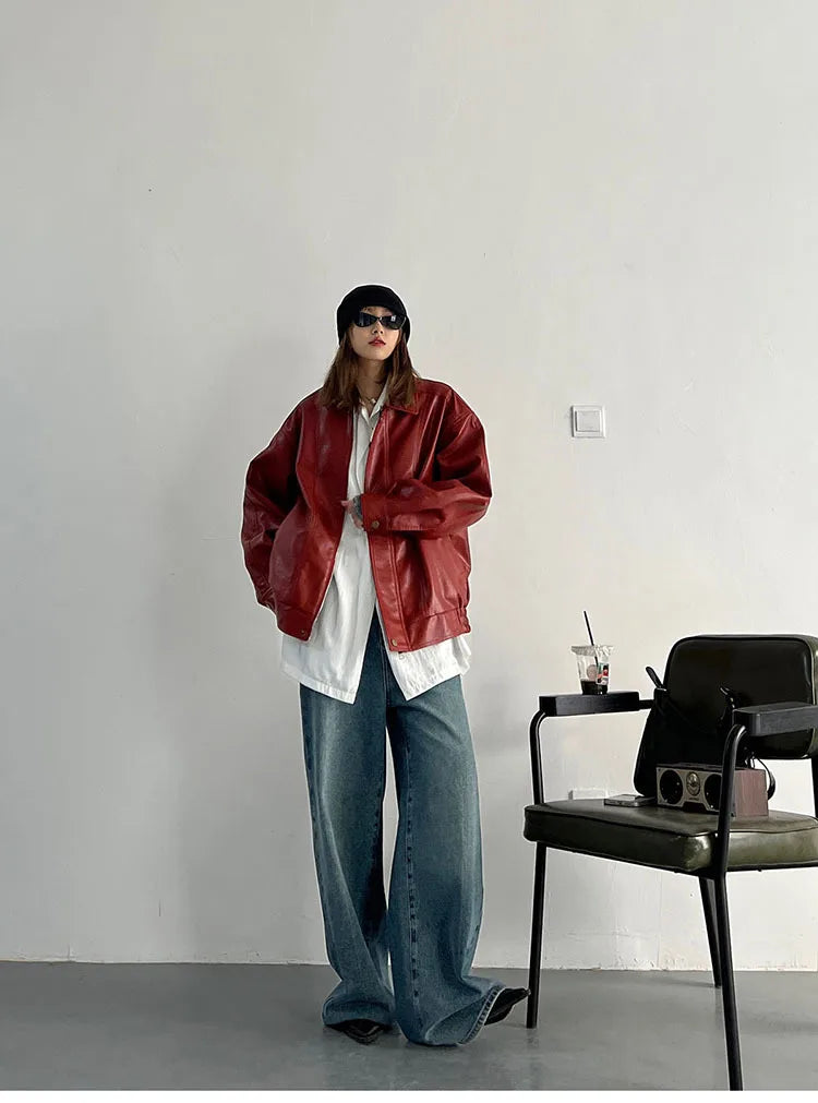 Punk Vintage Red Leather Jacket Women Streetwear Moto Biker Zipper Leather Jacket Female Winter High Street Chic Leather Coat