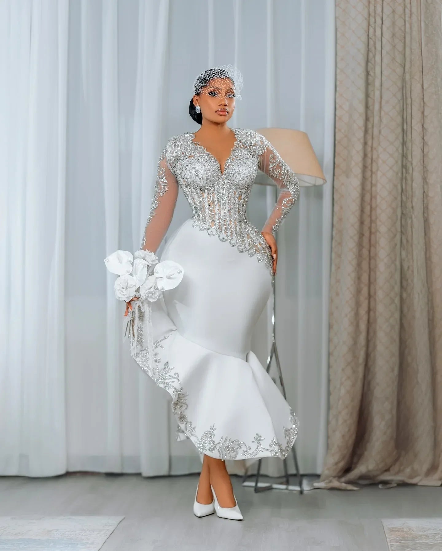 Elegant African Long Sleeve Short Wedding Dress Lace Beaded Mermaid Bridal Gown Black Women's Birthday Party Dress