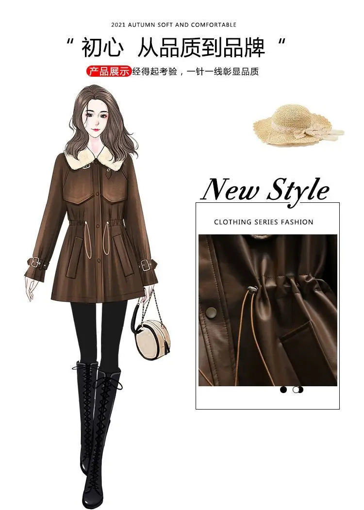 2026 Winter Age Reduction with Thick Velvet Loose Stand up Collar Motorcycle Wear PU Leather Jacket Long Sleeve Coat for Women