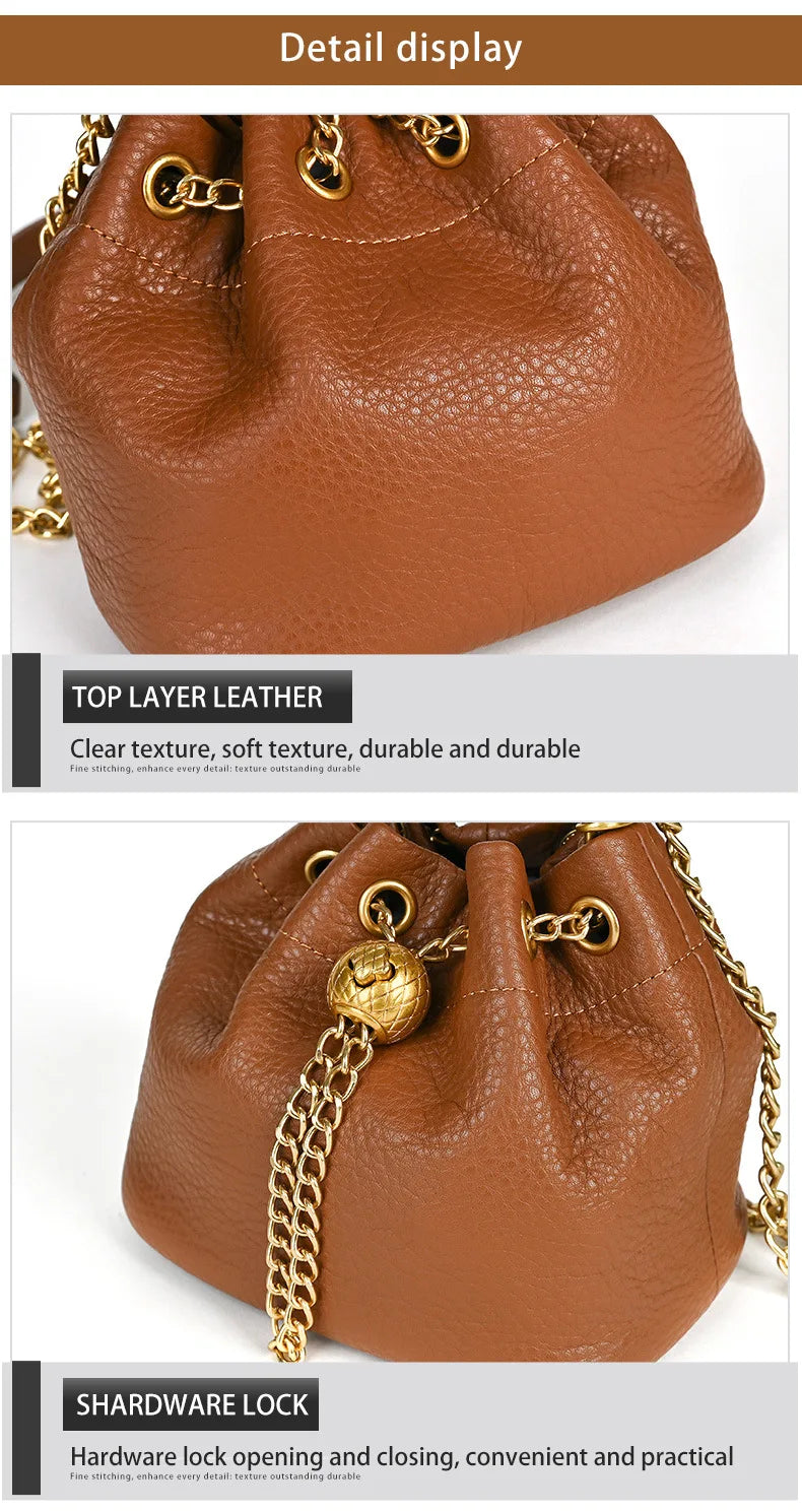 LD-Soft Leather Bag Versatile for All Seasons, Sweet and Ladylike. Top Layer Cowhide Handbag, Single Shoulder Bucket Bag