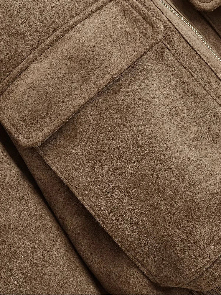 TFMLN 2026 Women Suede Leather Jacket with Pockets Autumn Winter High Collar Long Sleeve Zipper Jacket Lady Slim Chic Coats