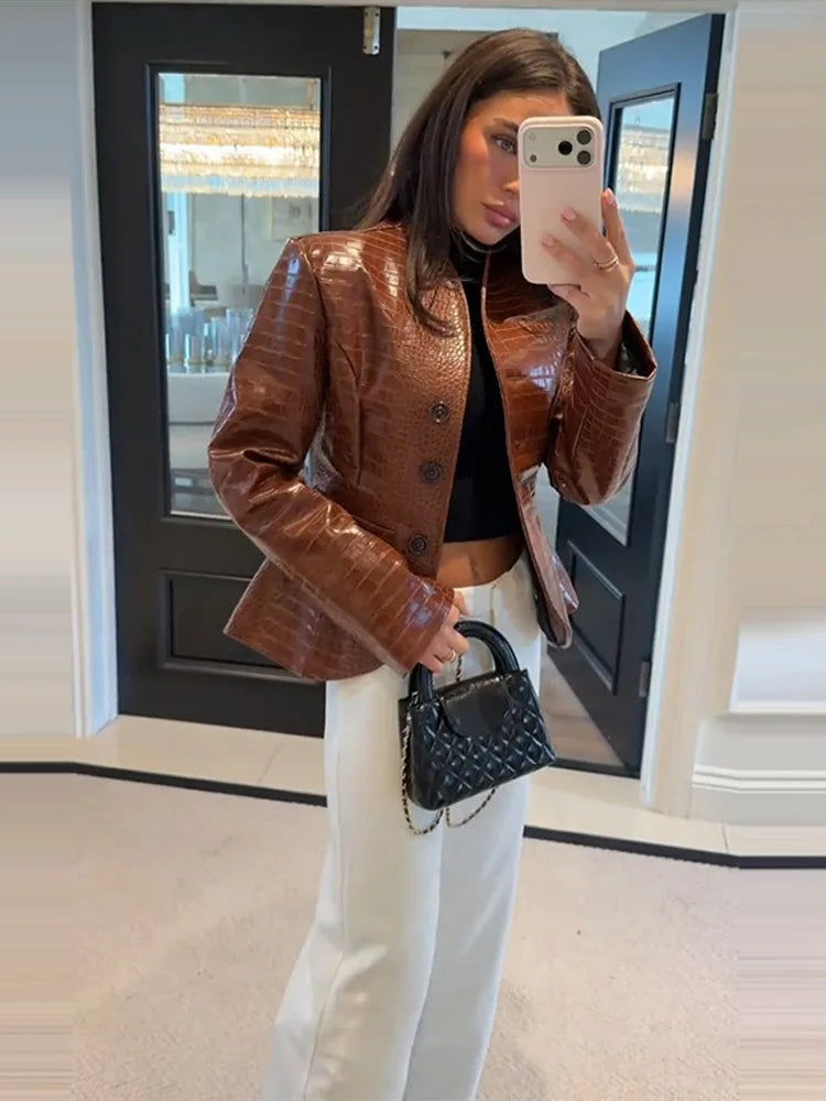 Street Fitted Leather Jackets Women Shoulder Pad Single Breasted Long Sleeves Pu Coats Female 2026 Autumn New Chic Outwears Lady