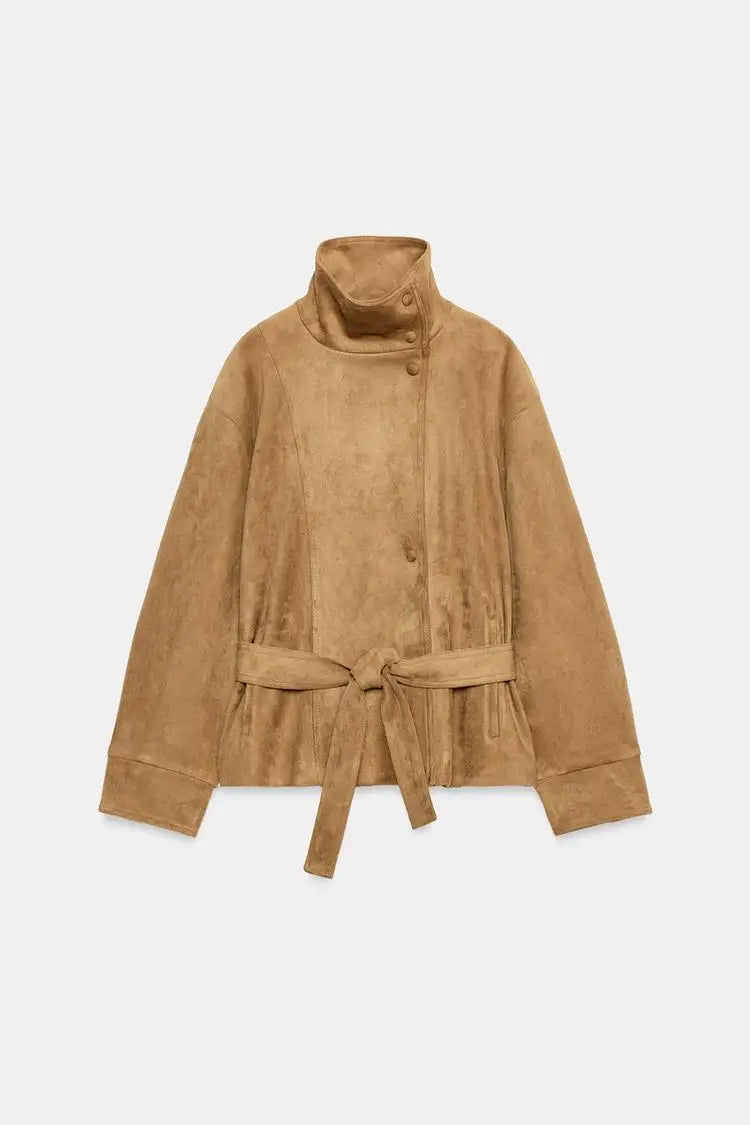 Women Brown Faux Suede Short Jacket Tie‑waist Long Sleeve Vintage Streetwear 2026 Lady New Autumn Winter Casual Outerwear Coat
