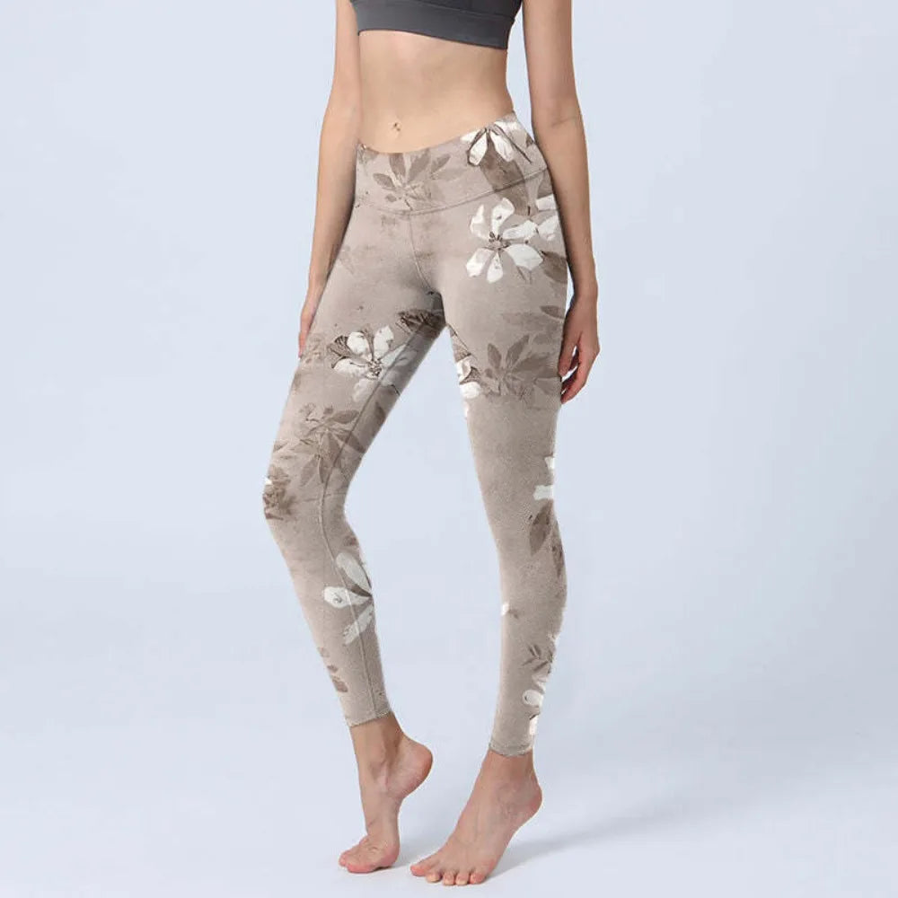 Women High Waisted Yoga Pants Tummy Control Leggings Floral Butterfly Landscape Printed Workout Gym Fitness Running Tight Pants