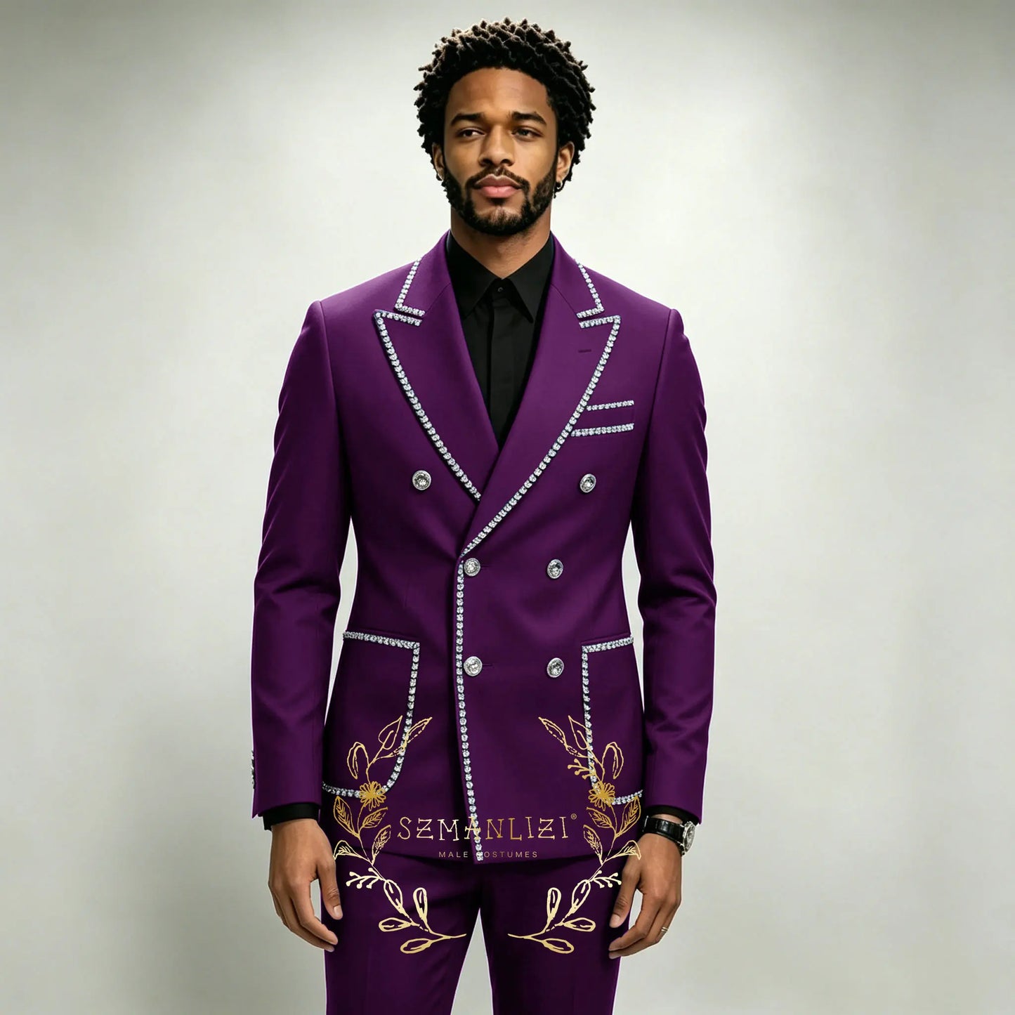 Luxury Men's Suits 2 Pieces Royal Blue Crystals Peaked Lapel Double Breasted Groom Wedding Tuxedo Wear Formal Party Prom Suits
