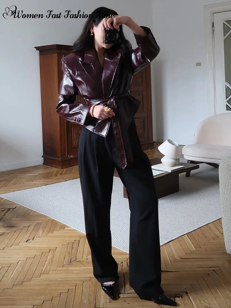 Glossy Lace-up Leather Jackets 2026 Autumn Female Lapel Shoulder Pad Full Sleeve Short Coat Women's Slim Waist-cinching Outwear