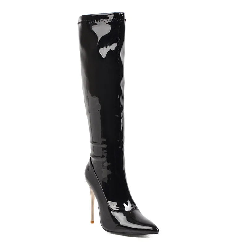 Women High Boots Sexy Zipper Black Red White Knee High Boot Thin Heels Patent Women's Autumn Winter Dance Shoes Large Size 45 48