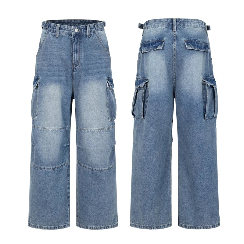 Y2K Jeans Men Women Retro Baggy Wide-leg Cargo Denim Pants Fashion Streetwear Multi-pocket Personality Splicing Loose Trousers