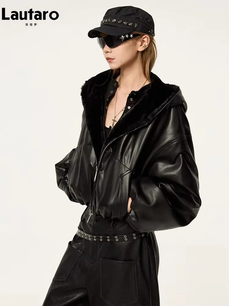 Lautaro Spring Autumn Cool Warm Thick Oversized Black Short Reversible Soft Pu Leather Jacket Hoodie Women with Faux Fur Inside