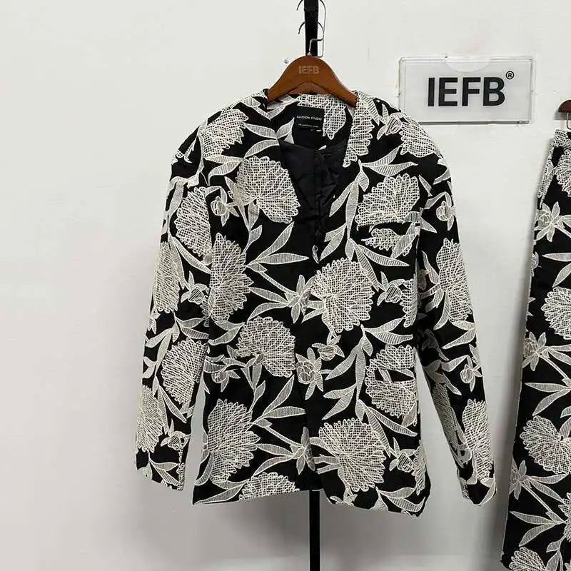 IEFB Niche Design Men's Two-piece Collarless Embroidery Blazer Loose Straight Suit Pants Contrast Color Male Sets New 9C7485