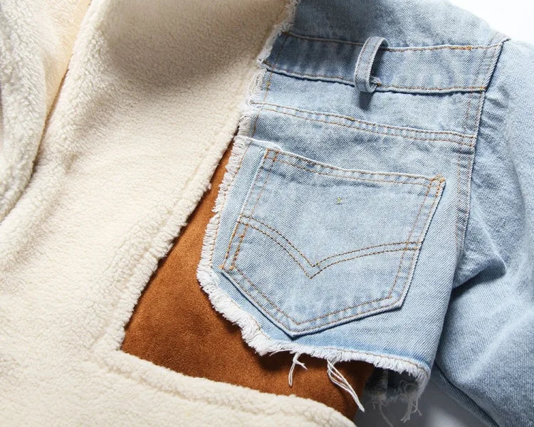 Women Padded Jacket Denim Splicing Jacket Winter New Lamb's Wool Liner Thickened Short Section Biker Jacket Cotton Jacket 2024