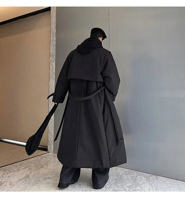 Winter Thickened Long Down Jacket Man's Belt Design Korean Warm Over The Knee Fashionable Long Sleeve Solid Color Cotton Coats