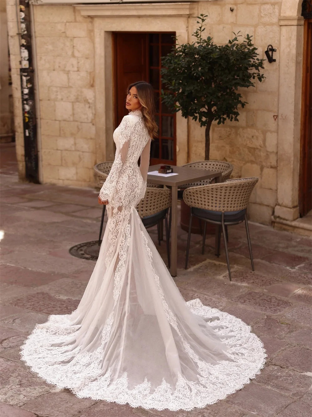Tokyo Sheer Lace Deep V Neck Boho Wedding Dress High Front Slit Long Sleeves Bridal Gown Outdoor Ceremony Floor Length Sexy Wear