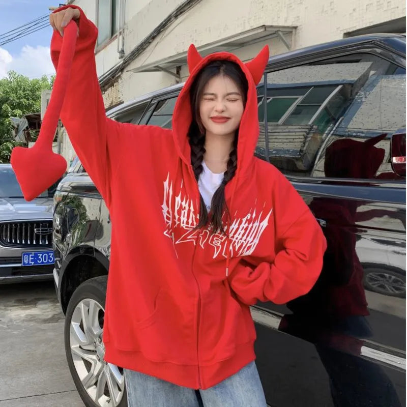 2025 Autumn Harajuku Hoodies Women Gothic Devil Horn Hooded Sweatshirt Halloween Cos Clothes Detachable Tail Zip-Up Outwear