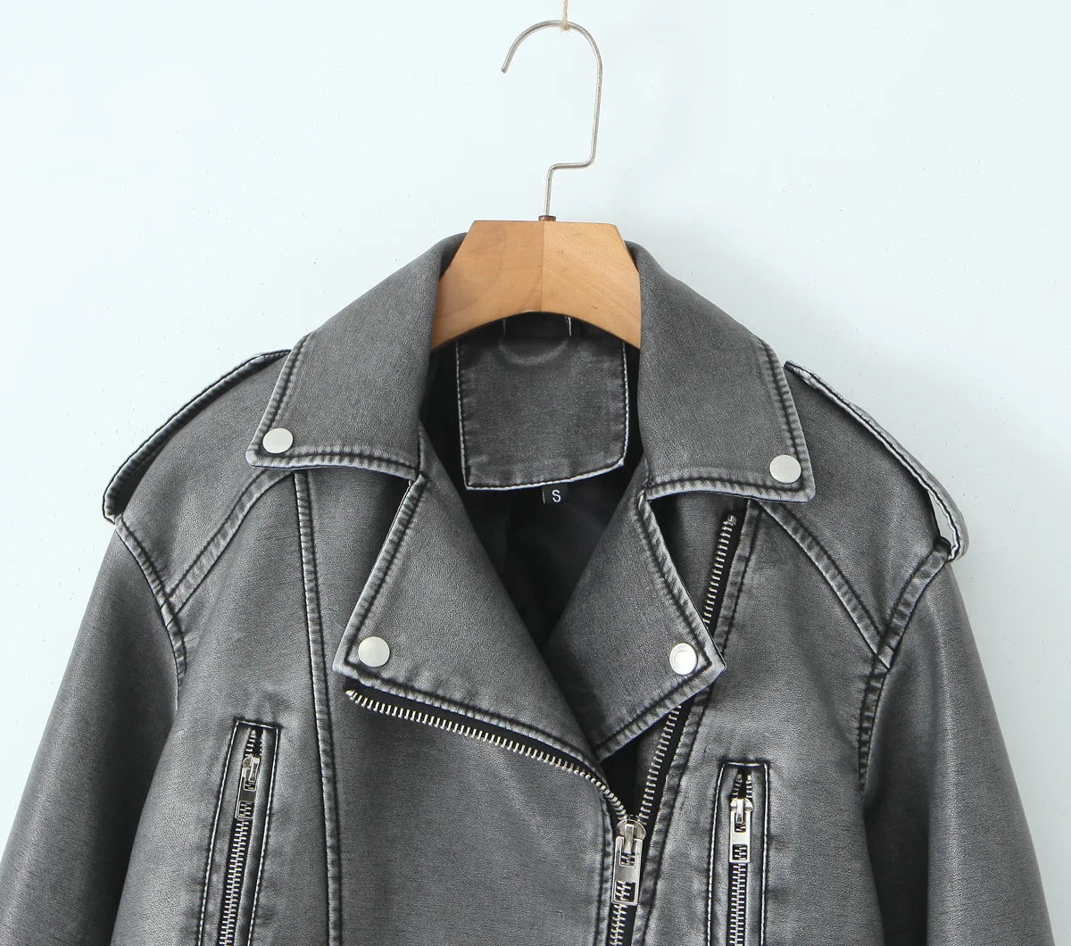 Women Autumn Winter Loose Gray PU Faux Leather Short Jackets Belt Female High Street Zipper Retro Moto Biker Coats Outwear XS-XL