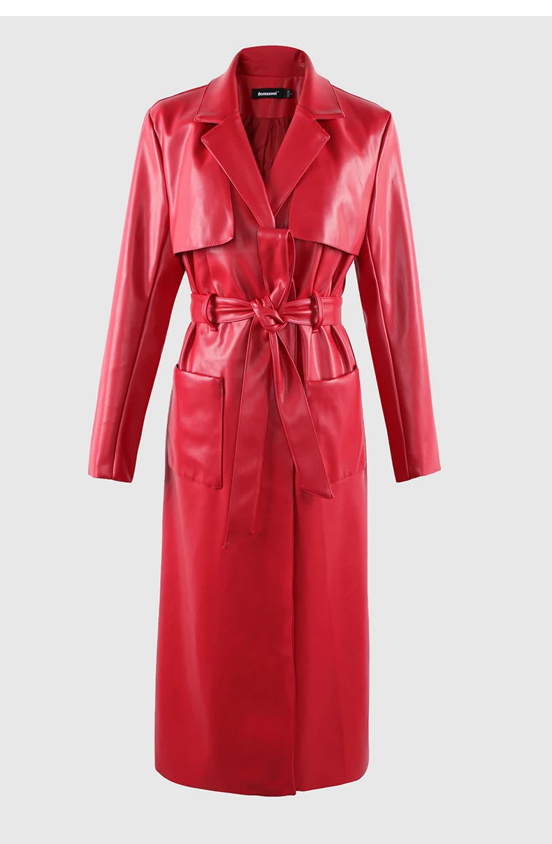 Nerazzurri Spring Autumn Long Red Soft Pu Leather Trench Coat for Women Pockets Sashes Luxury Elegant Chic Stylish Overcoat 2023