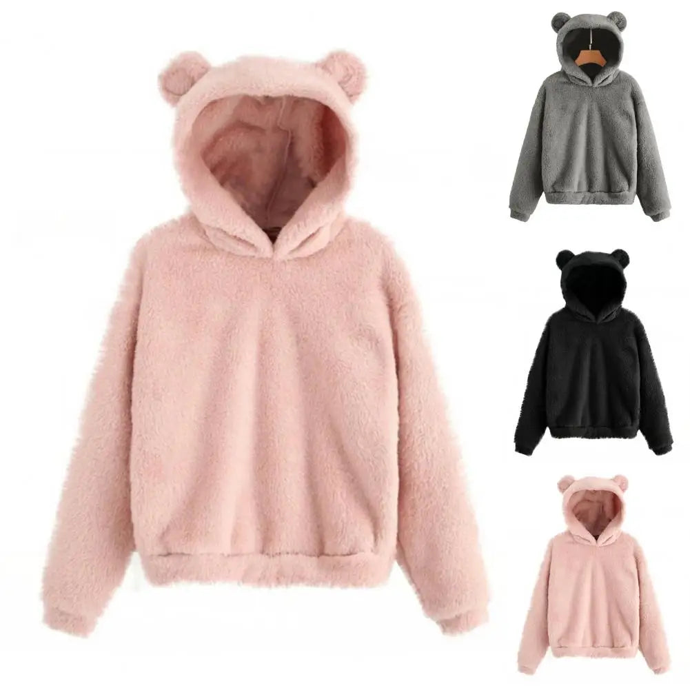 Fall Winter Women's Hoodies Winter Women Long Sleeve Rabbit Ear Hood Sweatshirt Cute Plush Warm Casual Cute Hoodie Tops 2026