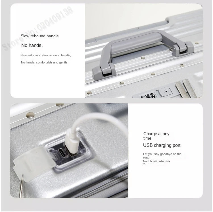 New 20'' Boarding Box Front Opening Suitcase Aluminium Frame 24/27 inch Rolling Luggage with Cup Holder Mobile Phone Holder