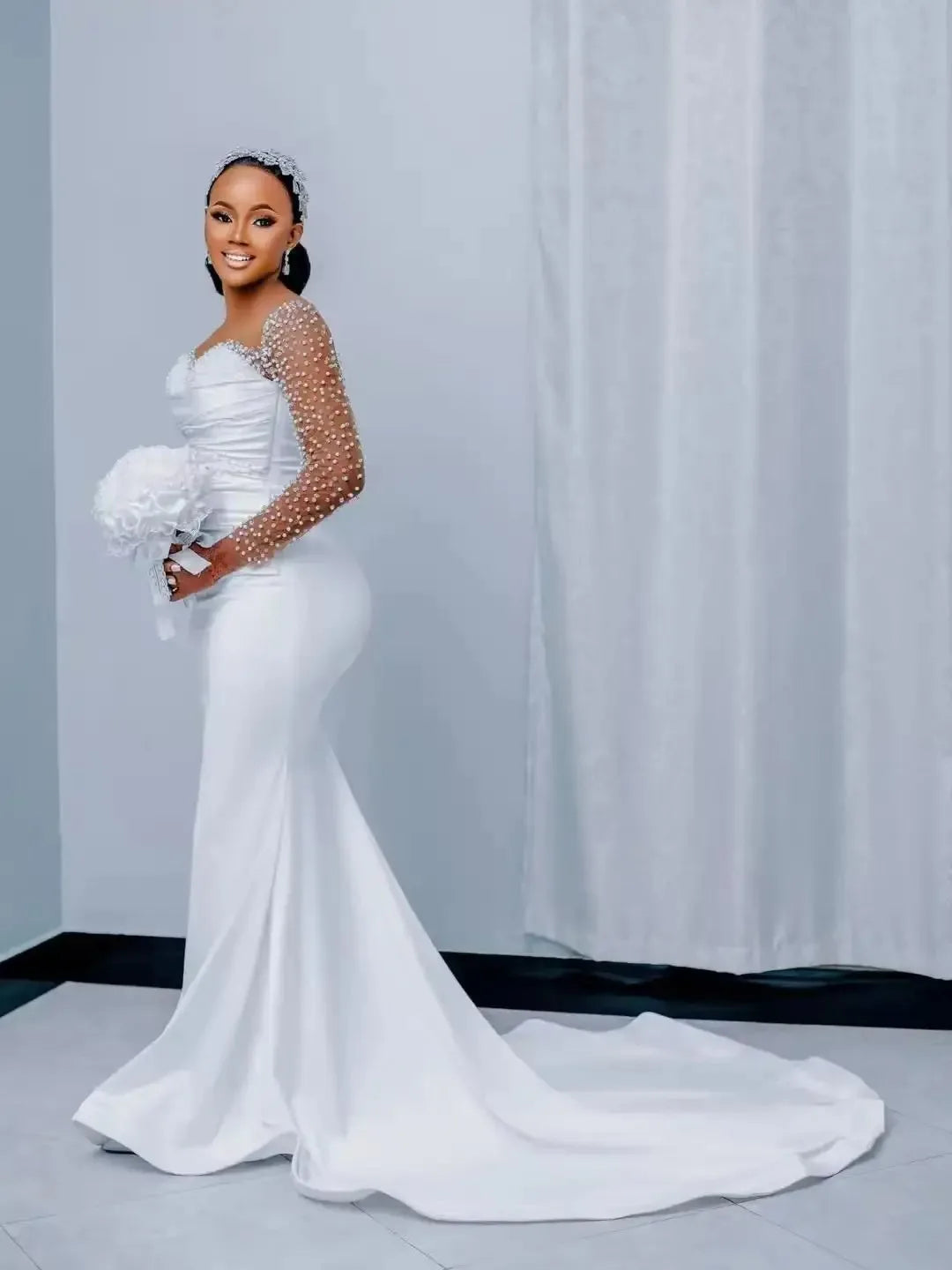 Customized Sparkly Pearls Beads Luxury Sheer Neck Mermaid Wedding Dress Vestido De Casamento Long Sleeve Stunning Bridal Gowns