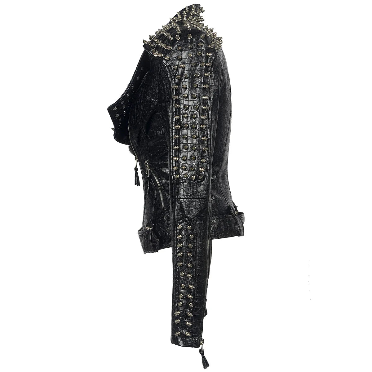 Women's Plus Size Studded Faux Leather Jacket Punk Biker Coat Slim Fit Black Motorcycle Jacket with Studs Rock Streetwear Coats