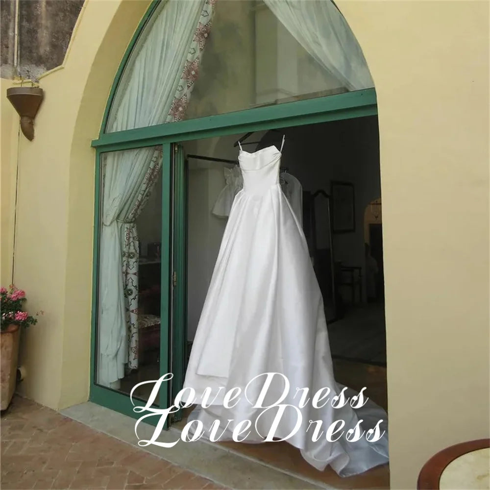 Customized Simple Stain Strapless Pleats A-Line High Side Slit Wedding Dress Pastoral Sleeveless Boat Neck Backless Lace Up 2026