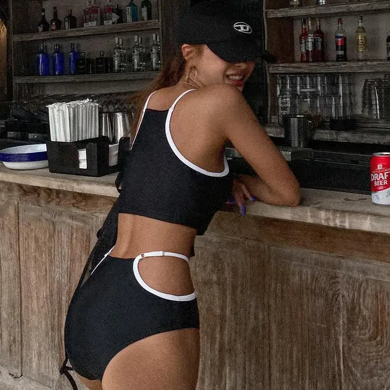 High Waist Bikini Women's Vacation Style Small Chest Gathered Spicy Girl Belly Cover Pure Color Separate Swimwear